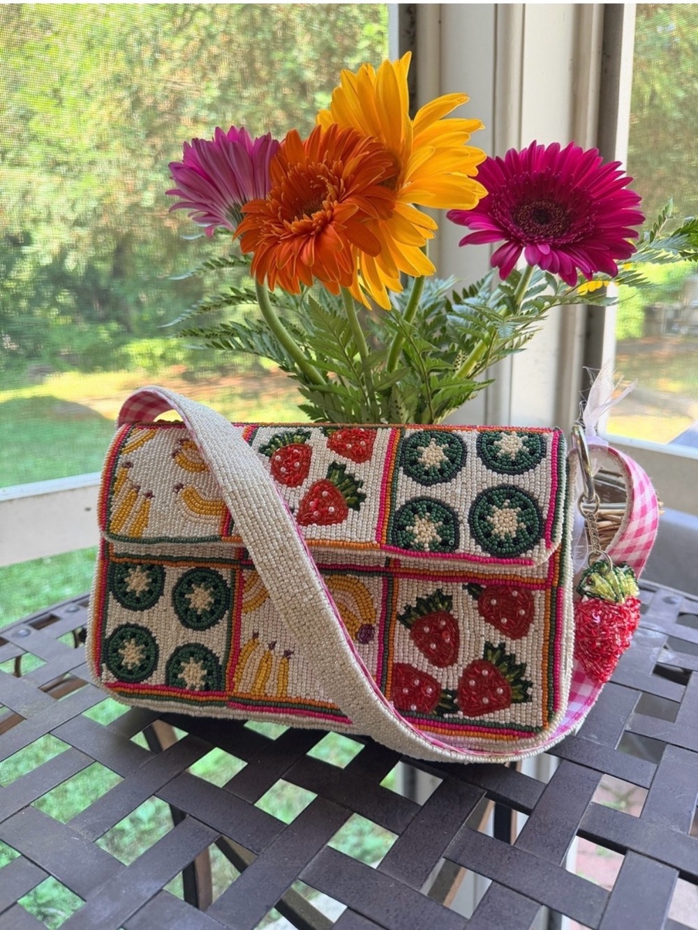 Viral Beaded Farmers Market TJ Maxx Bag NWT! Pink Gingham Strap and charm